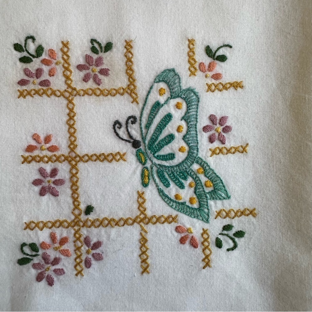 Hand Embroidered Flour Sack Tea Dish Towel Butterfly Floral Cottagecore